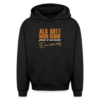 Als Gott mich schuf lustige Sprüche Jesus Spruch - Oversized Heavyweight Unisex Hoodie - Schwarz - Vorne - AI Model Female 172 light (172cm) & AI Model Male 185 light (185cm)