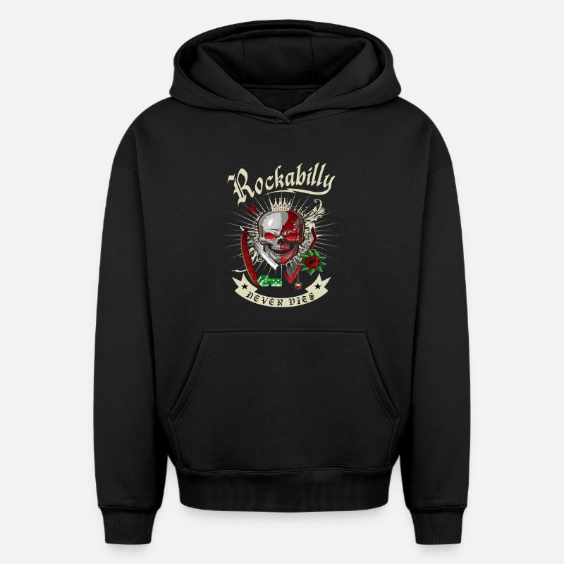 Rockabilly Skull - Sweat à capuche unisexe oversize épais SPREAD - noir
