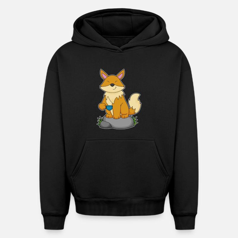 Fuchs mit Kaffeetasse - Oversized Heavyweight Unisex Hoodie - Schwarz