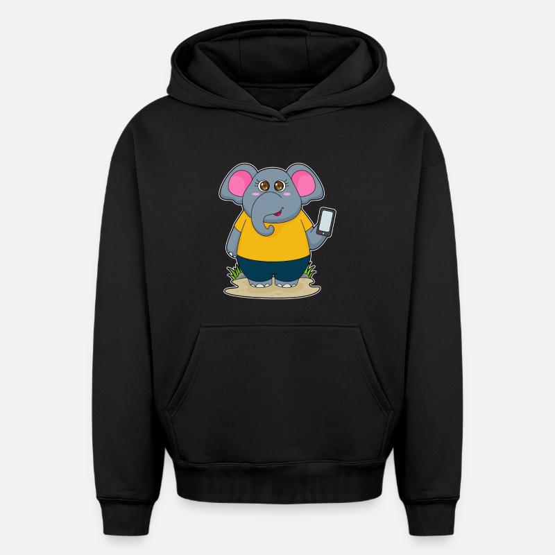 Elefant mit Handy - Oversized Heavyweight Unisex Hoodie - Schwarz