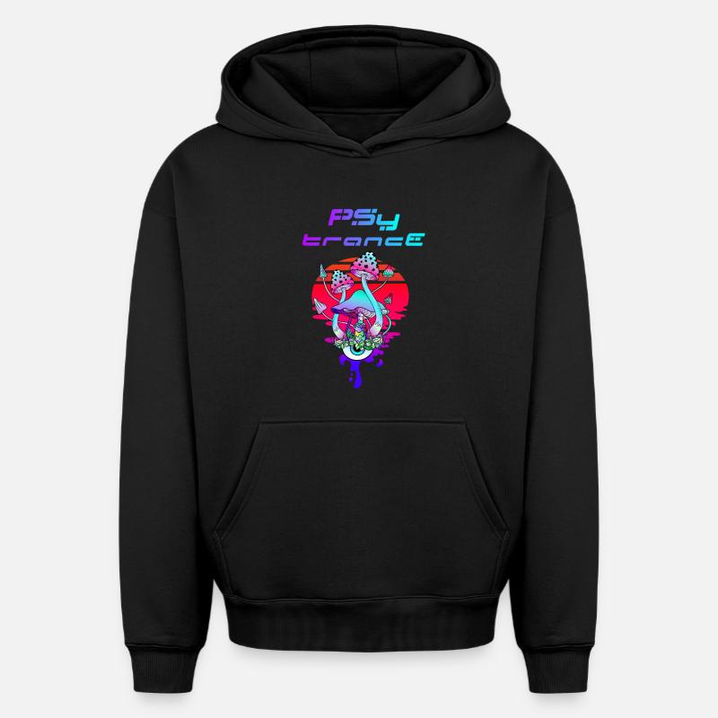 Psytrance Psychedelic Pilz Sunset - Oversized Heavyweight Unisex Hoodie - Schwarz