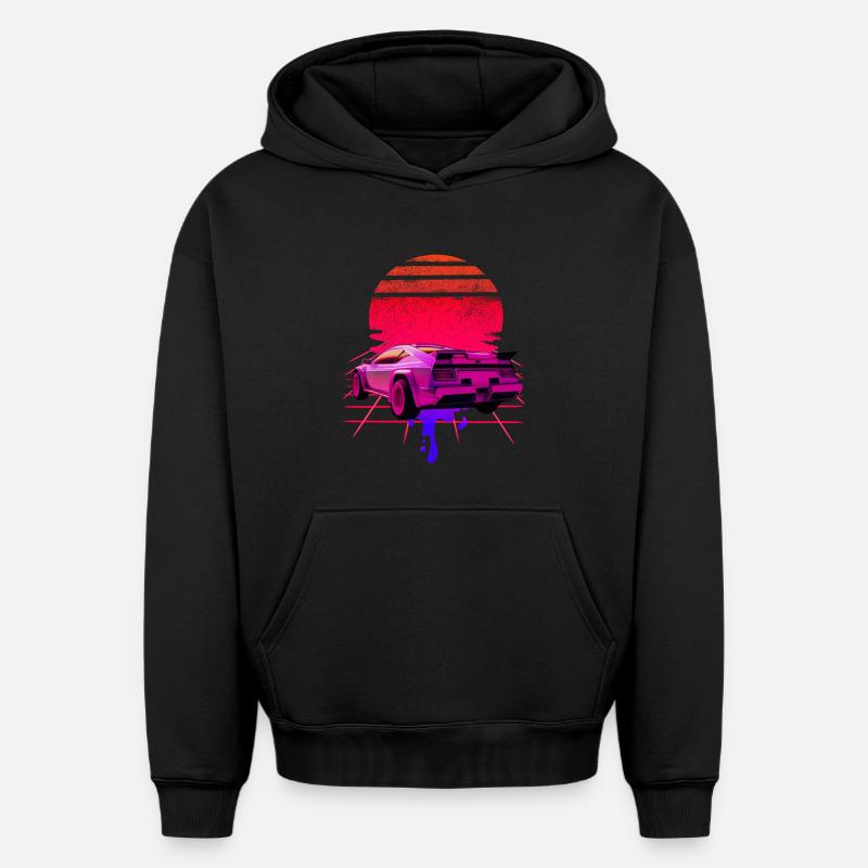 Retro Wave Supercar Sunset - Sweat à capuche unisexe oversize épais SPREAD - noir