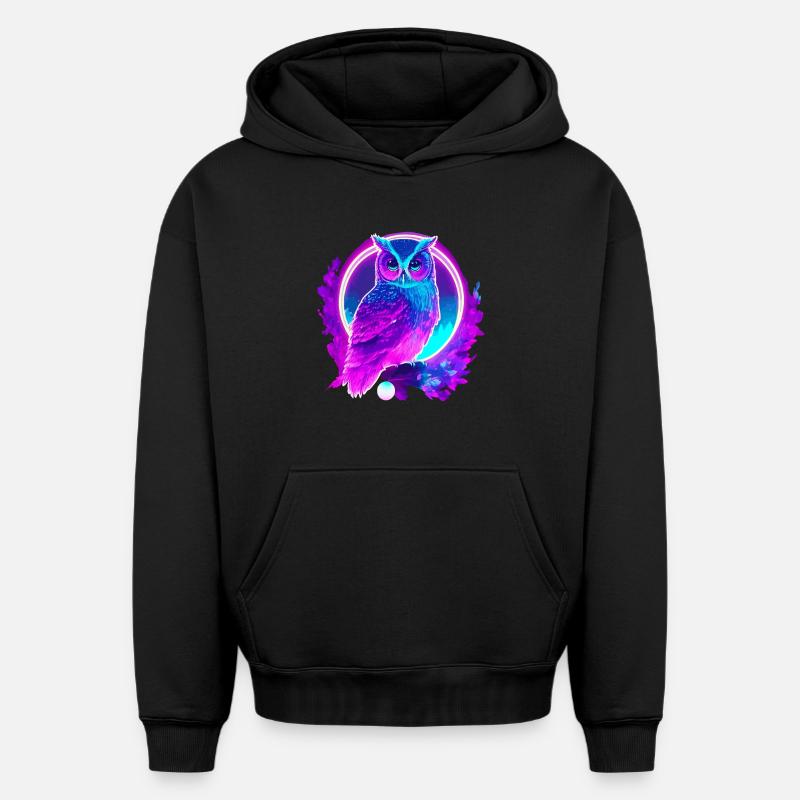 Owl Neon Moon Synthwave - Sweat à capuche unisexe oversize épais SPREAD - noir