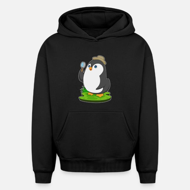 Pingouin Détective Magnifier - Sweat à capuche unisexe oversize épais SPREAD - noir