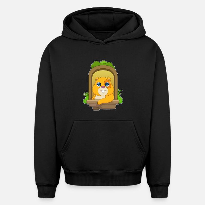 Hamster regarde par la fenêtre - Sweat à capuche unisexe oversize épais SPREAD - noir