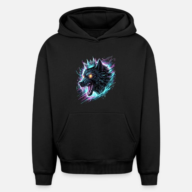 Royal Wolf Synthwave - Sweat à capuche unisexe oversize épais SPREAD - noir