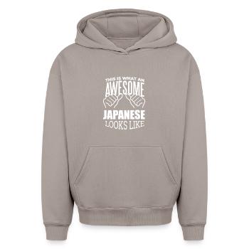 Japan - Oversized Heavyweight Unisex Hoodie - taupe - Front - AI Model Female 172 light (172cm) & AI Model Male 185 light (185cm)