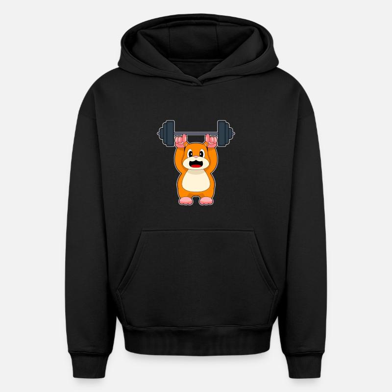 Bodybuilder Hamster Bodybuilding avec barre - Sweat à capuche unisexe oversize épais SPREAD - noir