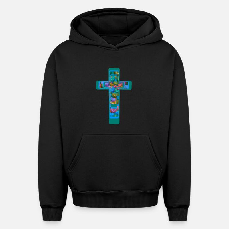 Croix Crucifix Croix Coeurs - Sweat à capuche unisexe oversize épais SPREAD - noir