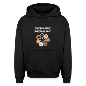 Doctorant certifié sans sommeil ajouté - Sweat à capuche unisexe oversize épais SPREAD - noir - Devant - AI Model Female 172 light (172cm) & AI Model Male 185 light (185cm)