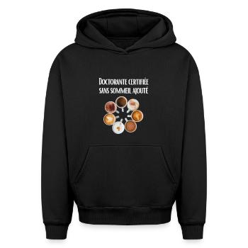 Doctorante certifiée sans sommeil ajouté - Sweat à capuche unisexe oversize épais SPREAD - noir - Devant - AI Model Female 172 light (172cm) & AI Model Male 185 light (185cm)