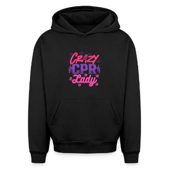 CPR Instructor Resuscitation Crazy CPR Lady - Oversized Heavyweight Unisex Hoodie - black - Front - AI Model Female 172 light (172cm) & AI Model Male 185 light (185cm)