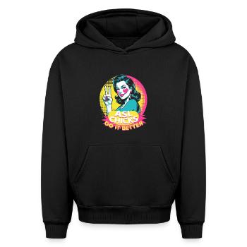 Interprète en langue des signes ASL Poussins ASL - Sweat à capuche unisexe oversize épais SPREAD - noir - Devant - AI Model Female 172 light (172cm) & AI Model Male 185 light (185cm)