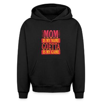 Saucisse de Goetta Noix - Sweat à capuche unisexe oversize épais SPREAD - noir - Devant - AI Model Female 172 light (172cm) & AI Model Male 185 light (185cm)