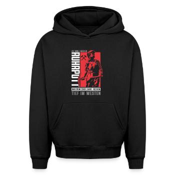Au cœur de la région de la Ruhr occidentale Silhouette - Sweat à capuche unisexe oversize épais SPREAD - noir - Devant - AI Model Female 172 light (172cm) & AI Model Male 185 light (185cm)