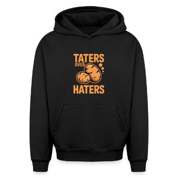 Tatters Over Haters Potato - Sweat à capuche unisexe oversize épais SPREAD - noir - Devant - AI Model Female 172 light (172cm) & AI Model Male 185 light (185cm)