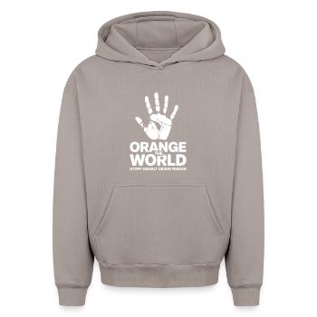 Orange The World Stop Violence Against Women - Oversized Heavyweight Unisex Hoodie - taupe - Front - AI Model Female 172 light (172cm) & AI Model Male 185 light (185cm)