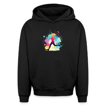 Coureur, course, marathon, jogging, jogging - Sweat à capuche unisexe oversize épais SPREAD - noir - Devant - AI Model Female 172 light (172cm) & AI Model Male 185 light (185cm)