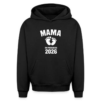 Mama en Développement 2026 - Sweat à capuche unisexe oversize épais SPREAD - noir - Devant - AI Model Female 172 light (172cm) & AI Model Male 185 light (185cm)