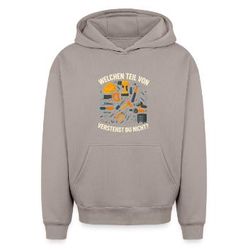 werkzeug chaos, welchen teil spruch lustig - Oversized Heavyweight Unisex Hoodie - Taupe - Vorne - AI Model Female 172 light (172cm) & AI Model Male 185 light (185cm)
