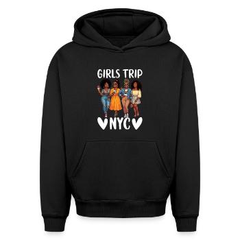 Voyage des filles à New York - Sweat à capuche unisexe oversize épais SPREAD - noir - Devant - AI Model Female 172 light (172cm) & AI Model Male 185 light (185cm)