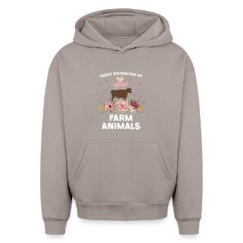 Animaux de ferme avec des fleurs : humour - Sweat à capuche unisexe oversize épais SPREAD - taupe - Devant - AI Model Female 172 light (172cm) & AI Model Male 185 light (185cm)
