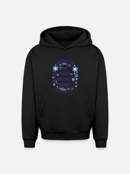 Crochet Life Eat Sleep Crochet Repeat Happy Hooks - Oversized Heavyweight Unisex Hoodie - black
