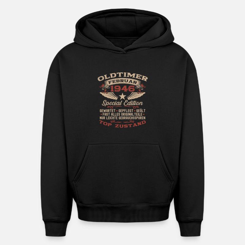 80e anniversaire Oldtimer Février 1946 - Sweat à capuche unisexe oversize épais SPREAD - noir