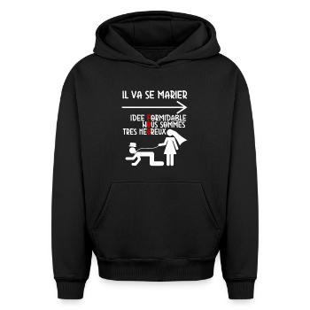 Mariage Fou Humour EVG - Sweat à capuche unisexe oversize épais SPREAD - noir - Devant - AI Model Female 172 light (172cm) & AI Model Male 185 light (185cm)
