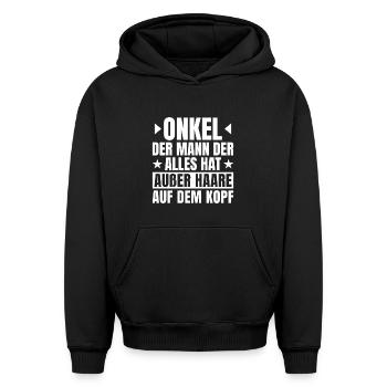 Oncle chauve qui dit - Sweat à capuche unisexe oversize épais SPREAD - noir - Devant - AI Model Female 172 light (172cm) & AI Model Male 185 light (185cm)