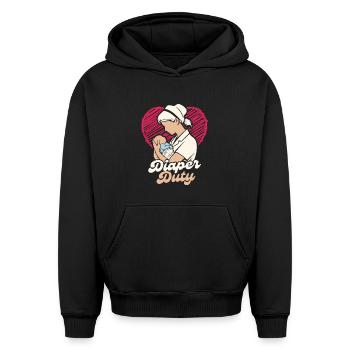 NICU Nurse Diaper Duty - Oversized Heavyweight Unisex Hoodie - black - Front - AI Model Female 172 light (172cm) & AI Model Male 185 light (185cm)