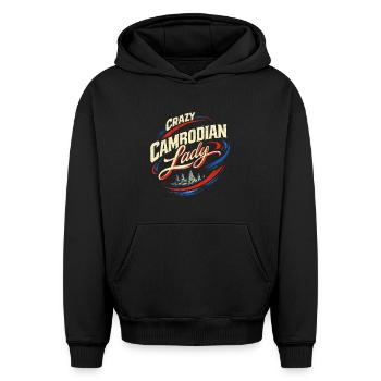 Cambodge Cambodgiens - Sweat à capuche unisexe oversize épais SPREAD - noir - Devant - AI Model Female 172 light (172cm) & AI Model Male 185 light (185cm)
