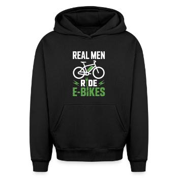 T-shirt E-Bike Vrais hommes Ride E-Bikes - Sweat à capuche unisexe oversize épais SPREAD - noir - Devant - AI Model Female 172 light (172cm) & AI Model Male 185 light (185cm)