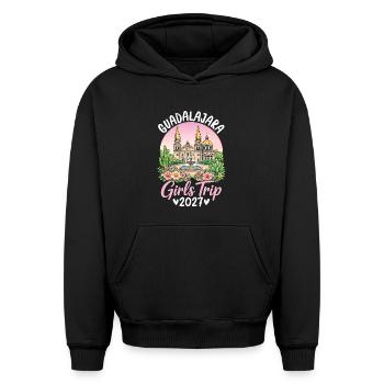 Voyage des filles à Guadalajara - Sweat à capuche unisexe oversize épais SPREAD - noir - Devant - AI Model Female 172 light (172cm) & AI Model Male 185 light (185cm)