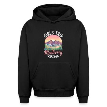 Voyage des filles de Monterrey 2027 - Sweat à capuche unisexe oversize épais SPREAD - noir - Devant - AI Model Female 172 light (172cm) & AI Model Male 185 light (185cm)