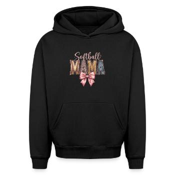 Softball Mama Coquette Léopard Bow - Sweat à capuche unisexe oversize épais SPREAD - noir - Devant - AI Model Female 172 light (172cm) & AI Model Male 185 light (185cm)