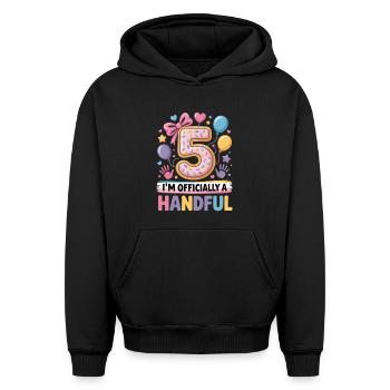 Une poignée de plaisir pour le cinquième anniversaire - Sweat à capuche unisexe oversize épais SPREAD - noir - Devant - AI Model Female 172 light (172cm) & AI Model Male 185 light (185cm)