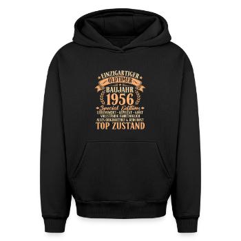 Idée cadeau pour le 70e anniversaire d’une voiture ancienne de 1956 - Sweat à capuche unisexe oversize épais SPREAD - noir - Devant - AI Model Female 172 light (172cm) & AI Model Male 185 light (185cm)