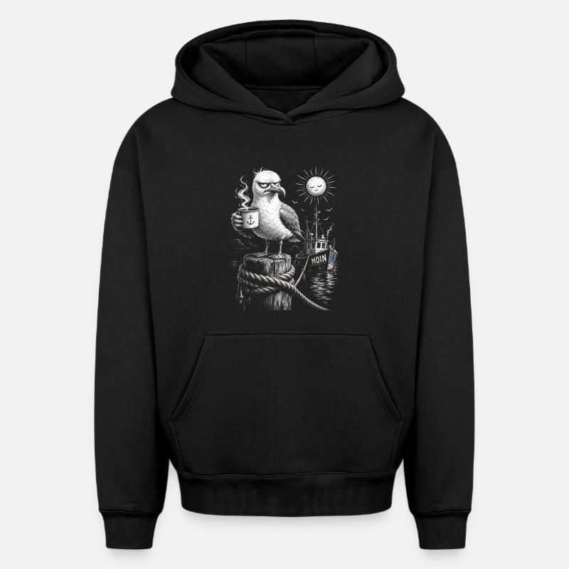 MOIN – Grummeliges Möwe mit Kaffee - Sweat à capuche unisexe oversize épais SPREAD - noir