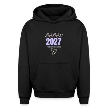 MAMAN 2027 pour la premiere fois - Sweat à capuche unisexe oversize épais SPREAD - noir - Devant - AI Model Female 172 light (172cm) & AI Model Male 185 light (185cm)