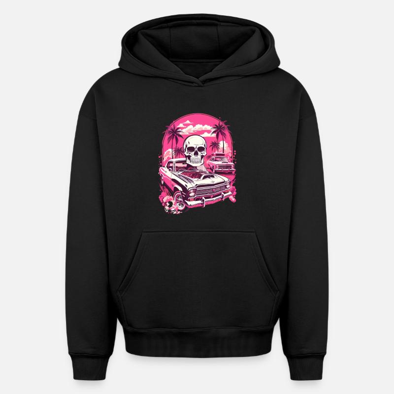 Voiture classique et crâne - Sweat à capuche unisexe oversize épais SPREAD - noir