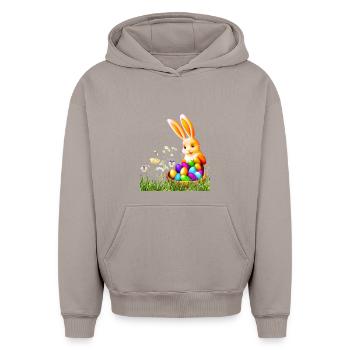 Lapin de Pâques avec des œufs colorés - Sweat à capuche unisexe oversize épais SPREAD - taupe - Devant - AI Model Female 172 light (172cm) & AI Model Male 185 light (185cm)