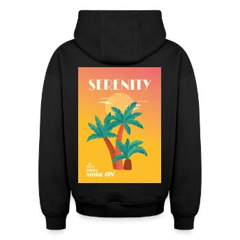 SÉRÉNITÉ – Mode Chill ACTIVÉ | Palmiers et coucher de soleil - Sweat à capuche unisexe oversize épais SPREAD - noir - Dos - AI Model Male 185 light (185cm)