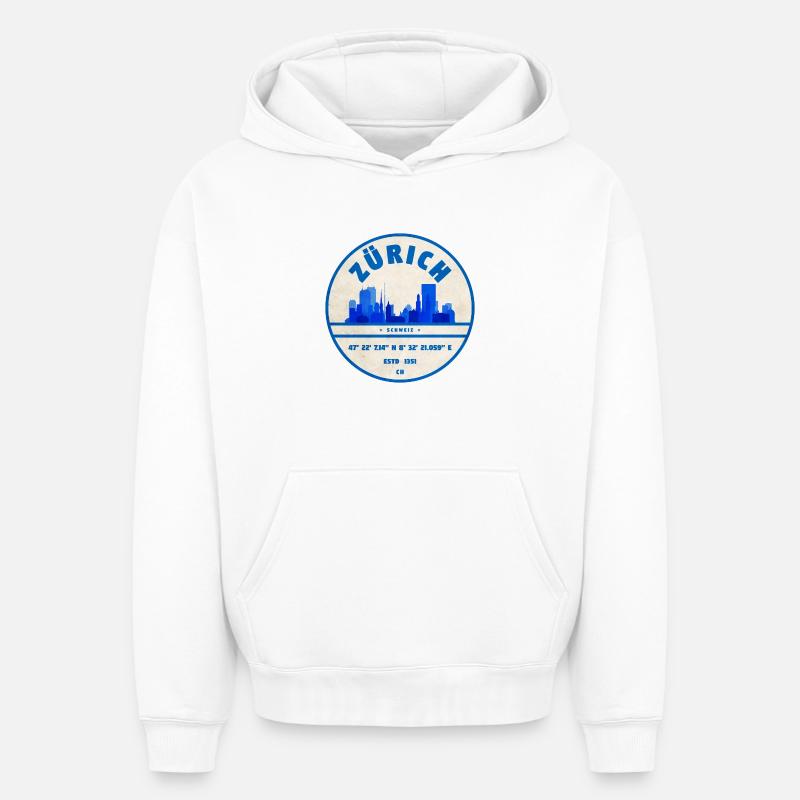 Zampon Bleu Zurich Skyline - Sweat à capuche unisexe oversize épais SPREAD - blanc