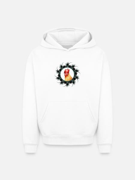 magnificent rooster in feather frame - Oversized Heavyweight Unisex Hoodie - white