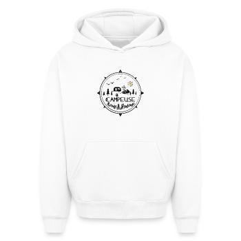 happy laughing camper - Oversized Heavyweight Unisex Hoodie - white - Front - AI Model Female 172 dark (172cm) & AI Model Male 185 light (185cm)