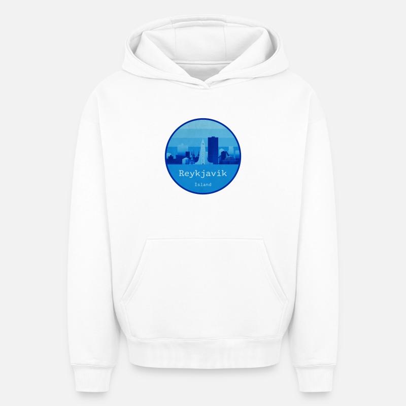 Logo rond bleu Reykjavík Skyline - Sweat à capuche unisexe oversize épais SPREAD - blanc