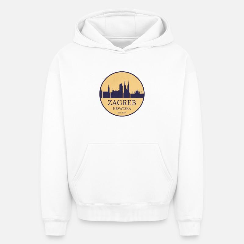Zagreb, Croatie - Skyline Badge - Sweat à capuche unisexe oversize épais SPREAD - blanc