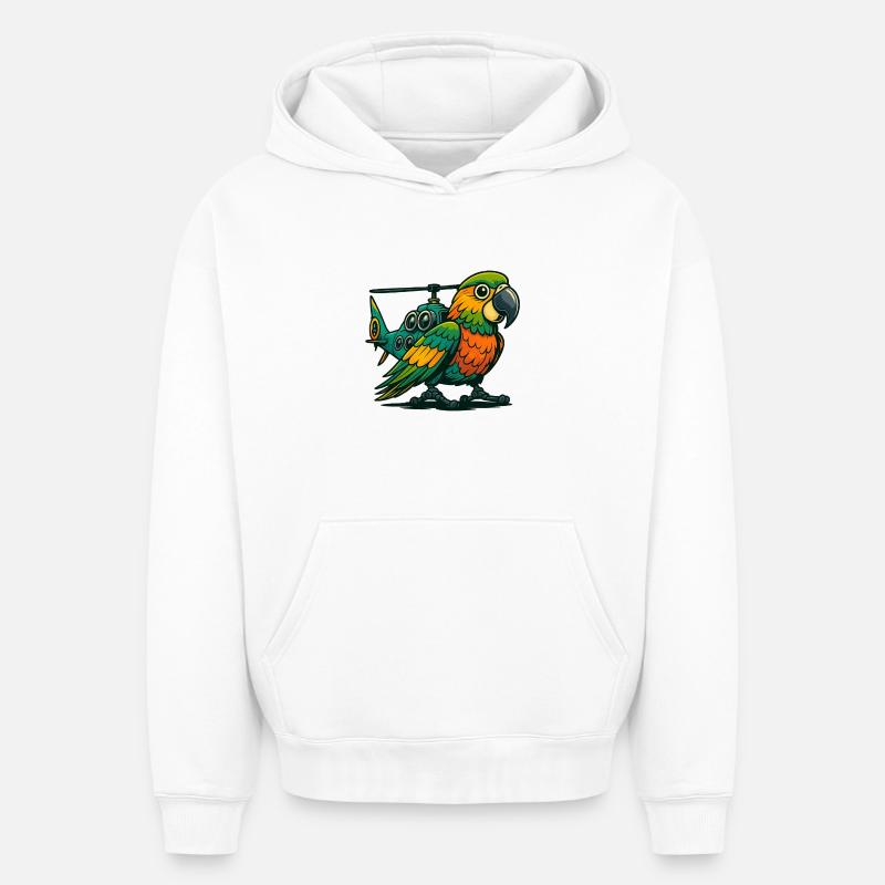 Heli-Parrot en utilisation - Sweat à capuche unisexe oversize épais SPREAD - blanc
