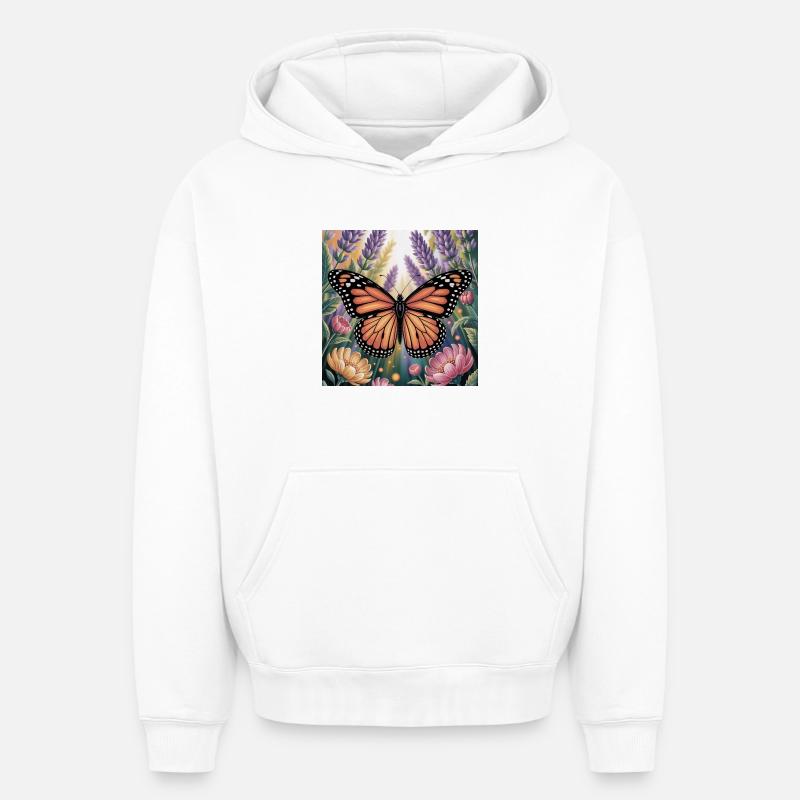 Papillon monarque vibrant Amidlavender fleurit - Sweat à capuche unisexe oversize épais SPREAD - blanc